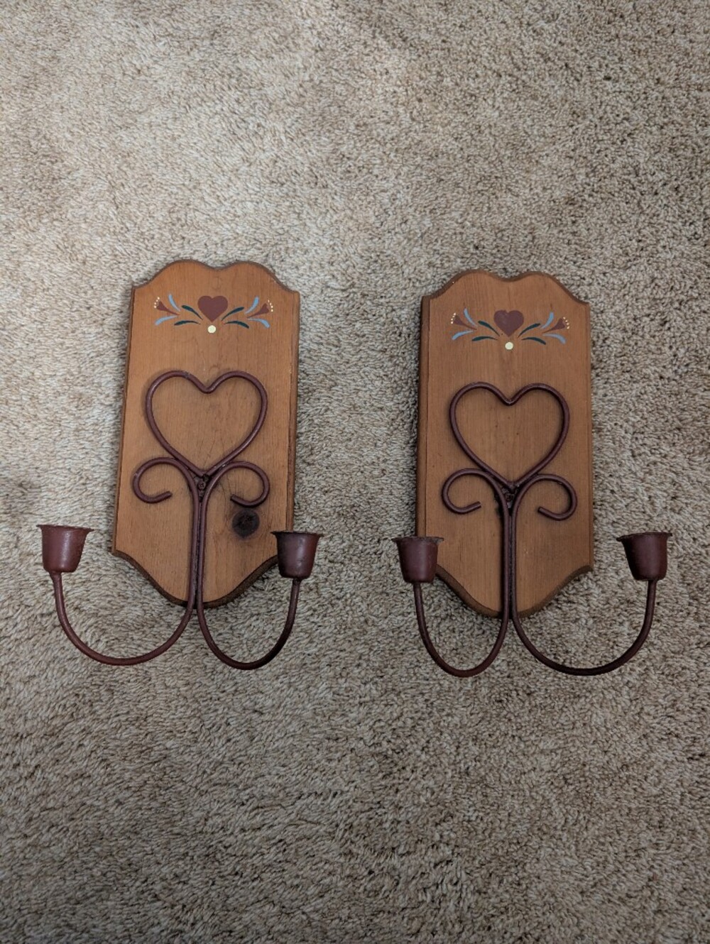 Vintage 80s/90s Country Wood & Wrought Iron Heart Double Candle Sconces Pair